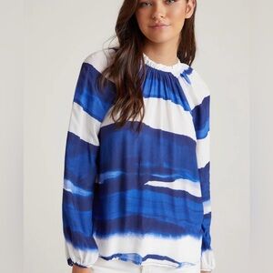 Bella Dahl Womens Coastal Striped Blouse Size XS Navy White Elastic Trim Office